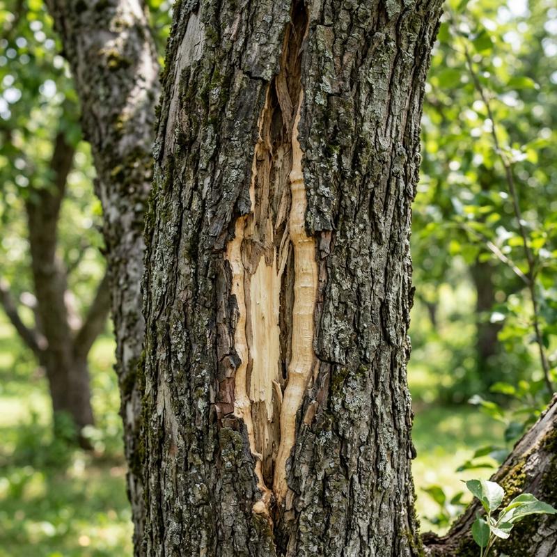 Apple tree bark splitting vertically down the trunk showing exposed callused wood from frost crack damage
