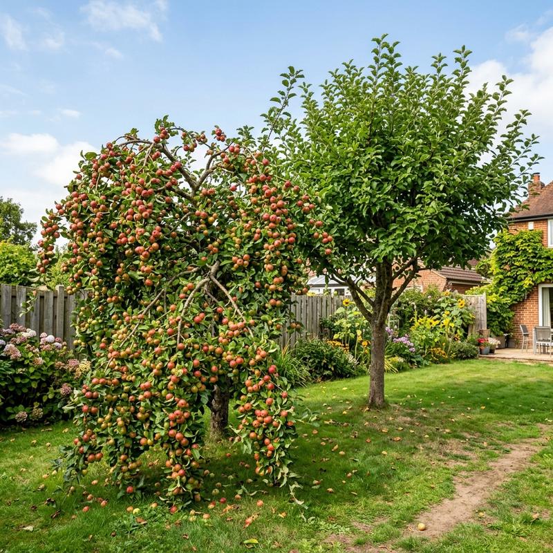 Biennial bearing apple trees showing one overloaded tree next to a non-fruiting tree