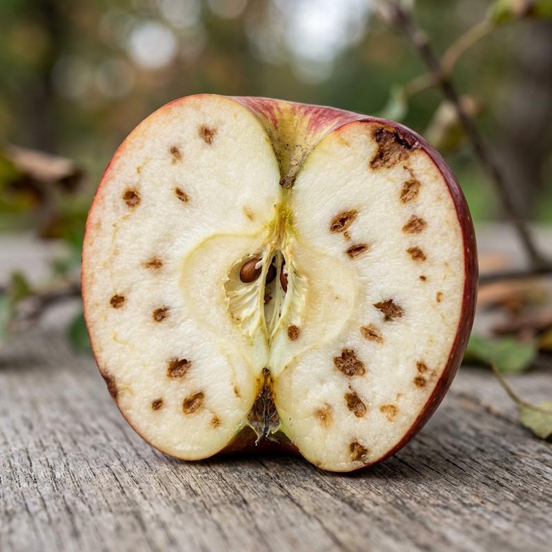 Bitter pit in apples showing small brown spots and sunken lesions scattered in the cut flesh of a fresh apple