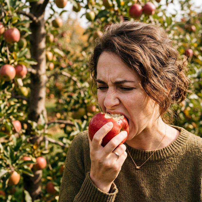 Why are my apples bitter showing a fresh apple with a bite taken out in a sunny orchard