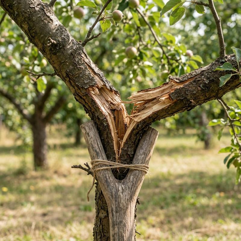 Apple tree branch split at the trunk crotch joint, supported by a wooden prop stake