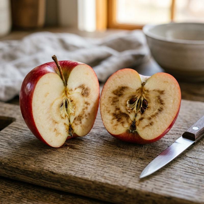 Brown inside apples showing discolored patches and core rot in a cut apple