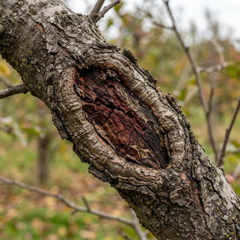 Apple tree canker showing a sunken bark lesion and cracked wood on a mature apple branch