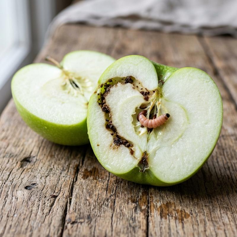 Maggots in apples showing a pinkish codling moth caterpillar inside a tunneled green apple core