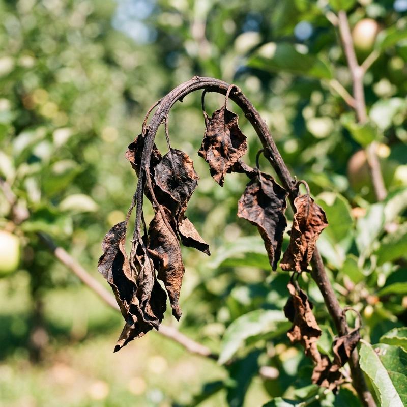 Apple tree fire blight showing a dead shoot bent in a shepherd's crook with brown leaves