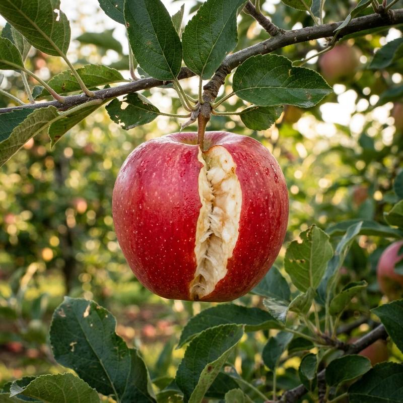 Apples splitting on tree showing deep radial cracks in the skin