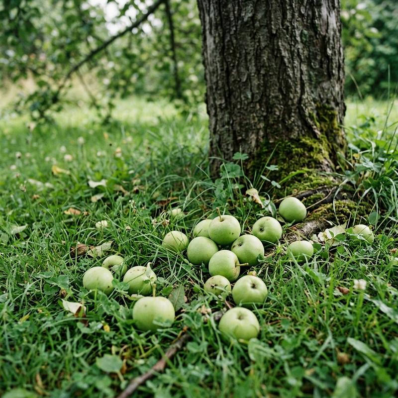 Apples falling off tree early showing small green fruitlets on the grass