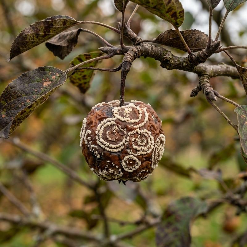 Apples rotting on the tree showing brown rot spots and concentric white spore rings
