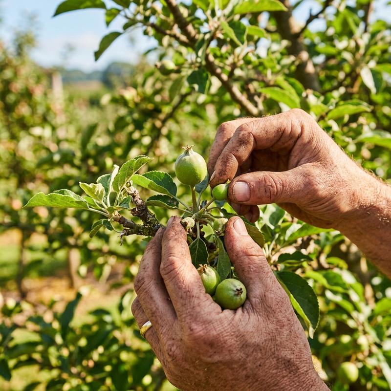 Thinning apple fruit by hand from a crowded branch spur to increase apple size