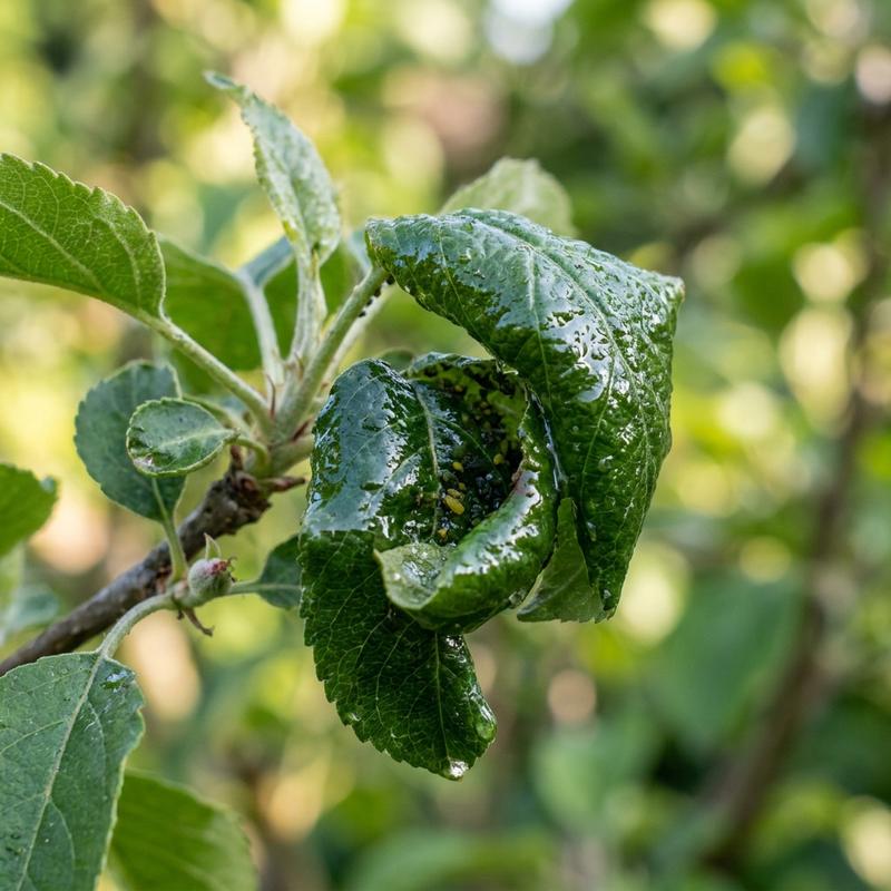 Apple tree leaves curling and tightly rolled due to aphid infestation