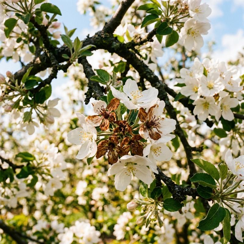 Apple tree flowering but no fruit showing frost damage on open apple blossoms