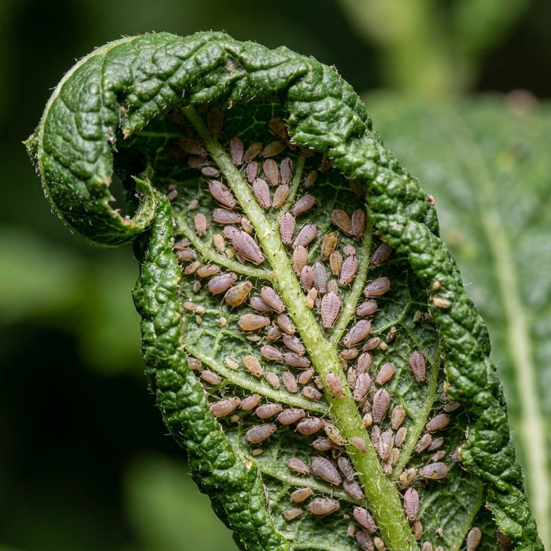 Rosy apple aphid control showing a colony of pinkish-grey aphids inside a curled leaf