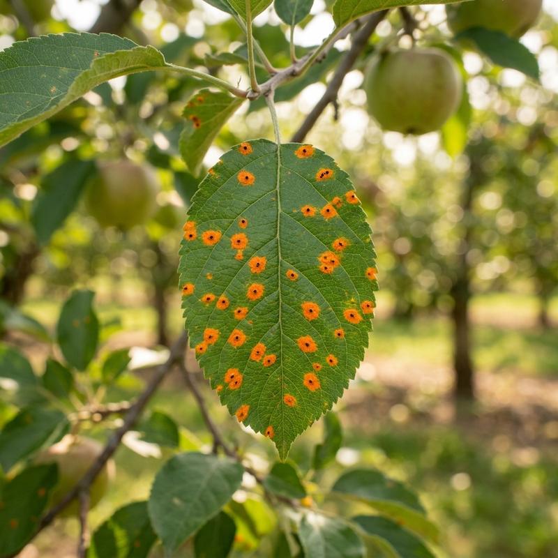 Apple tree rust spots showing bright orange circles on a green leaf