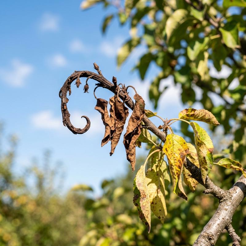 Apple tree shoot dieback showing a brown wilting branch tip with dead leaves