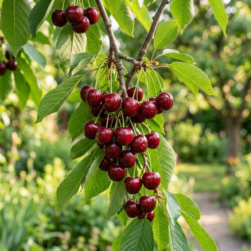 A cluster of freshly picked dark red cherries on a branch showing bitter taste symptoms