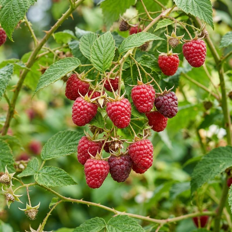 A handful of freshly picked red raspberries that taste bitter due to overwatering