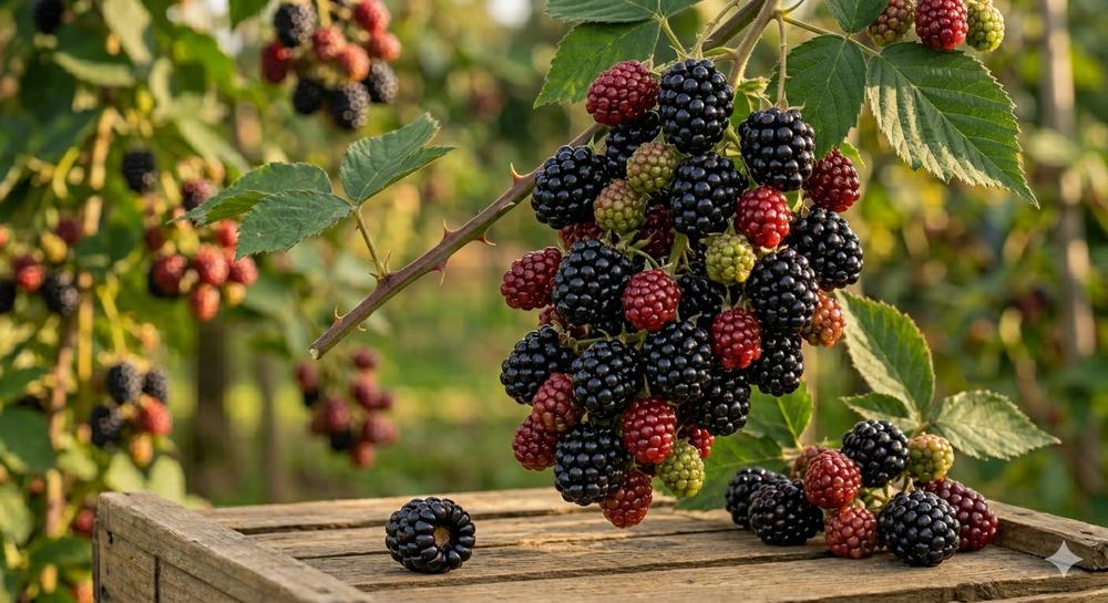 Close up of blackberries on the vine