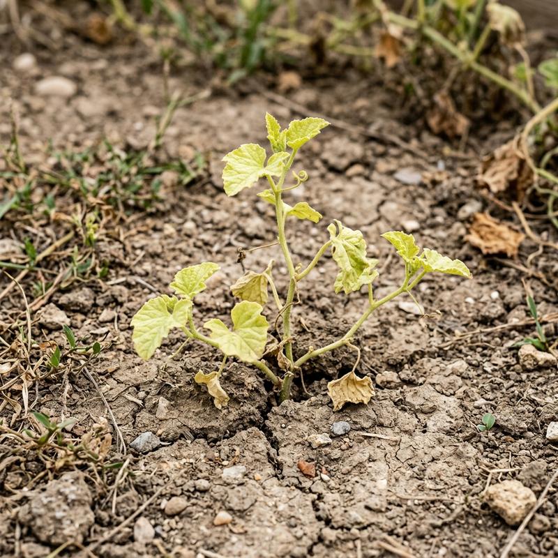 A stunted, slow-growing cantaloupe melon plant in dry soil showing signs of nutrient deficiency