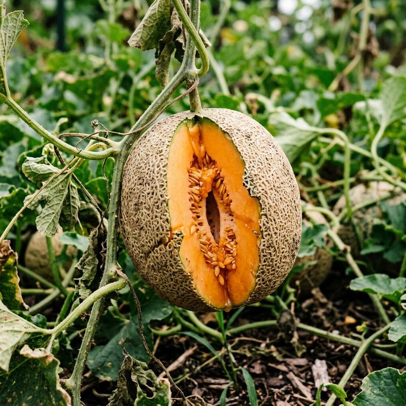A cantaloupe melon split open on the vine due to uneven watering in a garden bed