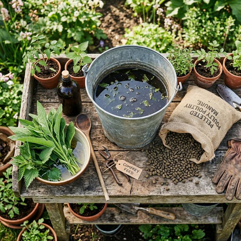 A gardener spreading autumn granular fertilizer around the root base of a woody garden shrub surrounded by colorful dry autumn leaves