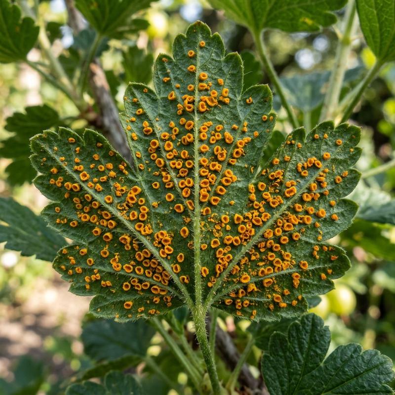 Orange pustules of cluster cup rust fungus on the underside of a green gooseberry leaf