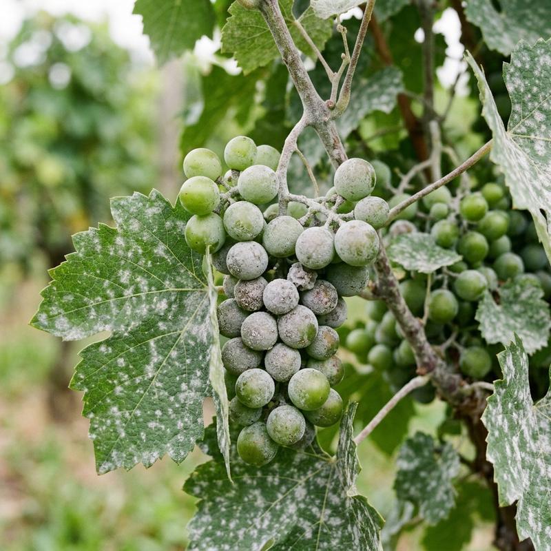 White powdery mildew fungus covering green grapes and leaves on a grapevine