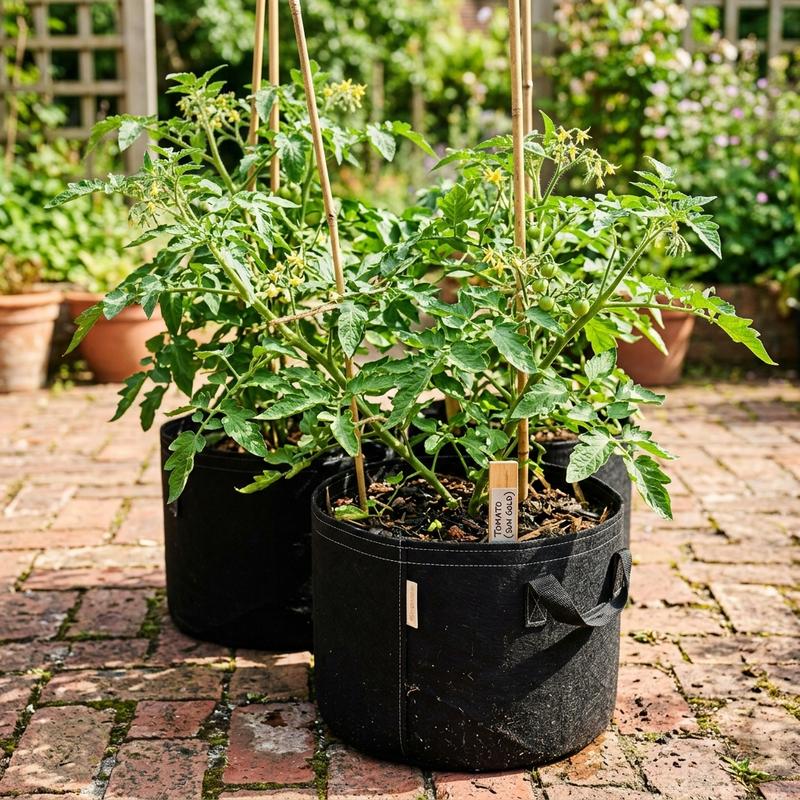Tomatoes growing in black fabric grow bags on a sunny patio garden
