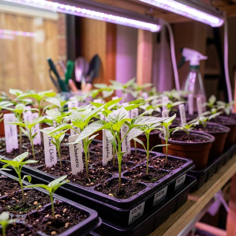 Healthy young chilli plant seedlings growing under a white-spectrum grow light indoors