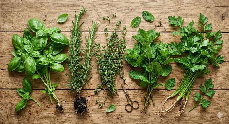 Vibrant fresh culinary herbs like rosemary, thyme, and basil growing in terracotta pots on a sunny garden patio