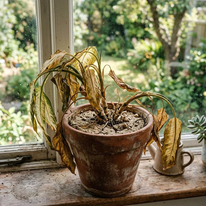 A close-up of a gardener carefully inspecting a plant's leaves for insect pests and disease damage using a magnifying glass