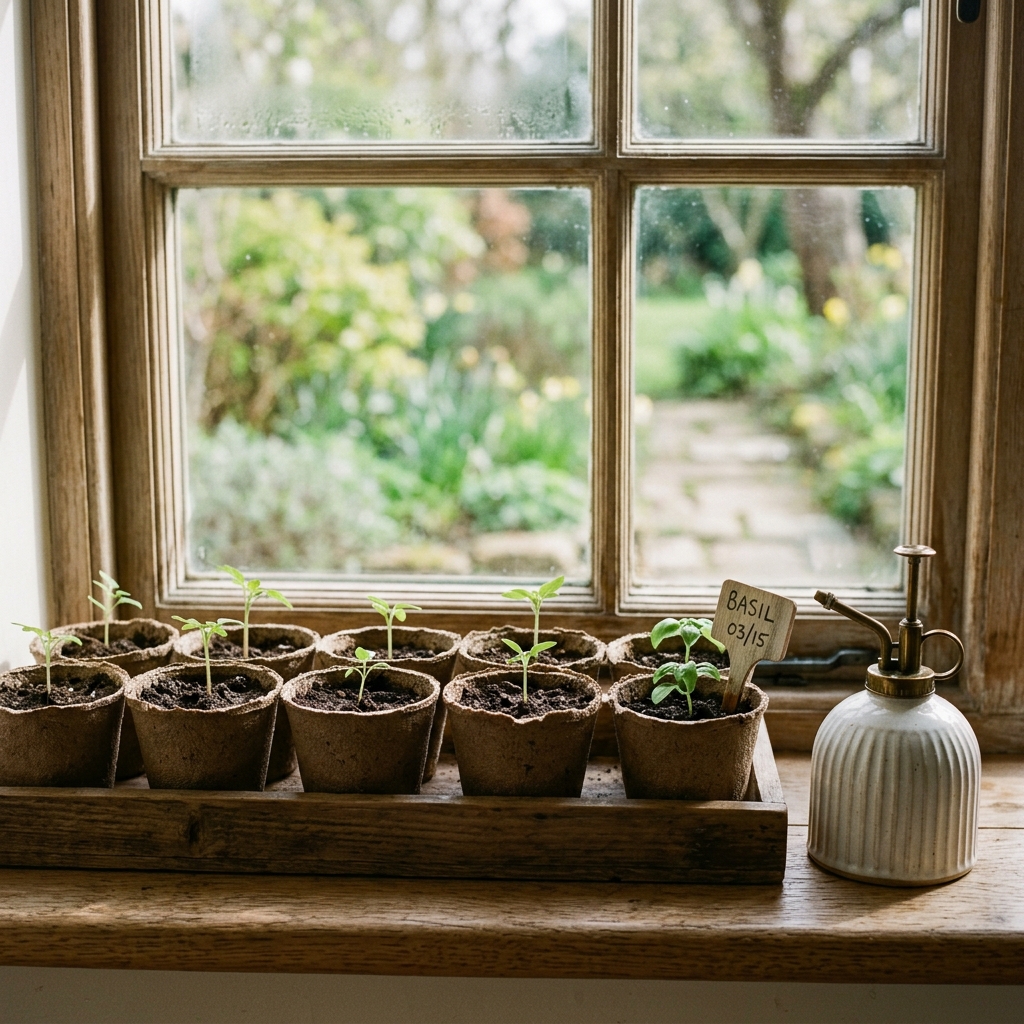 Seed trays and seedlings on a sunny windowsill