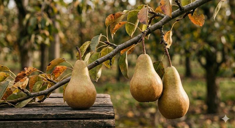 Pear tree leaves and blossoms blackened and dried by fire blight, with shoots curled into a distinctive shepherd's crook shape