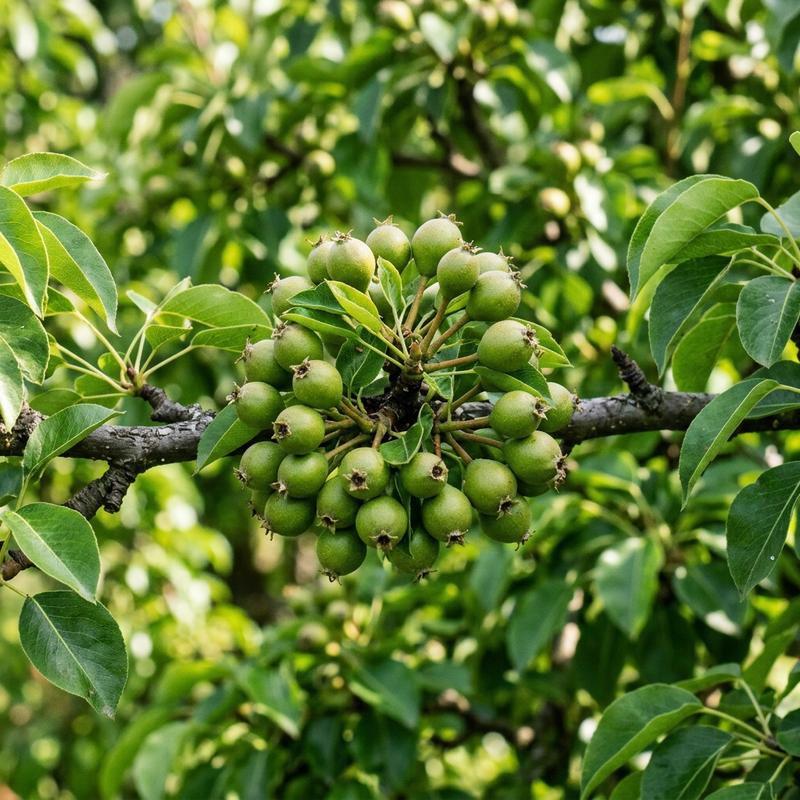 A tight cluster of small, underdeveloped green pears growing on a pear tree branch