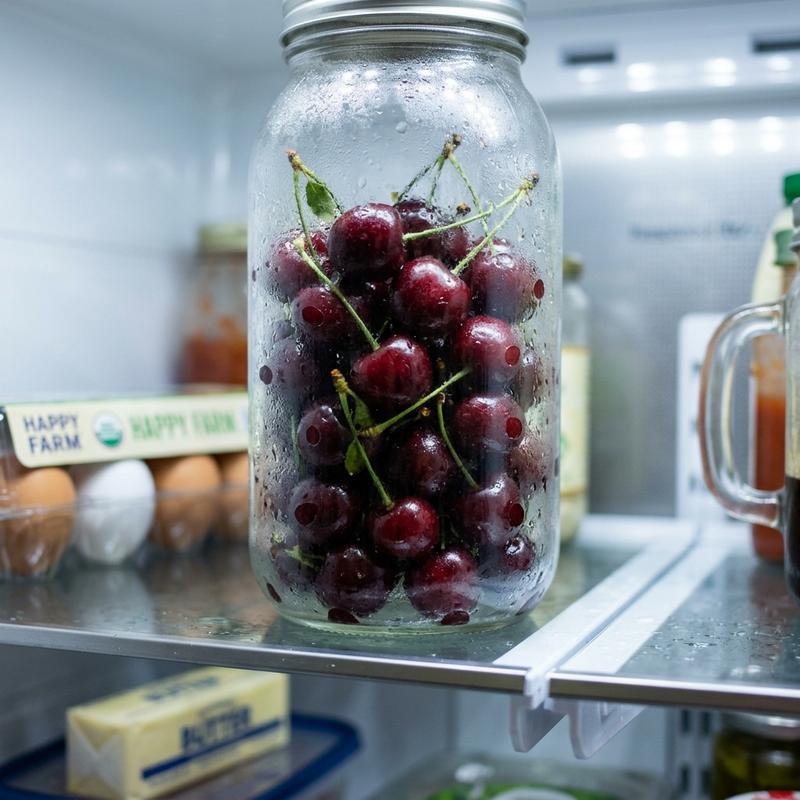 Fresh dark red cherries stored dry in an airtight glass container inside a clean refrigerator